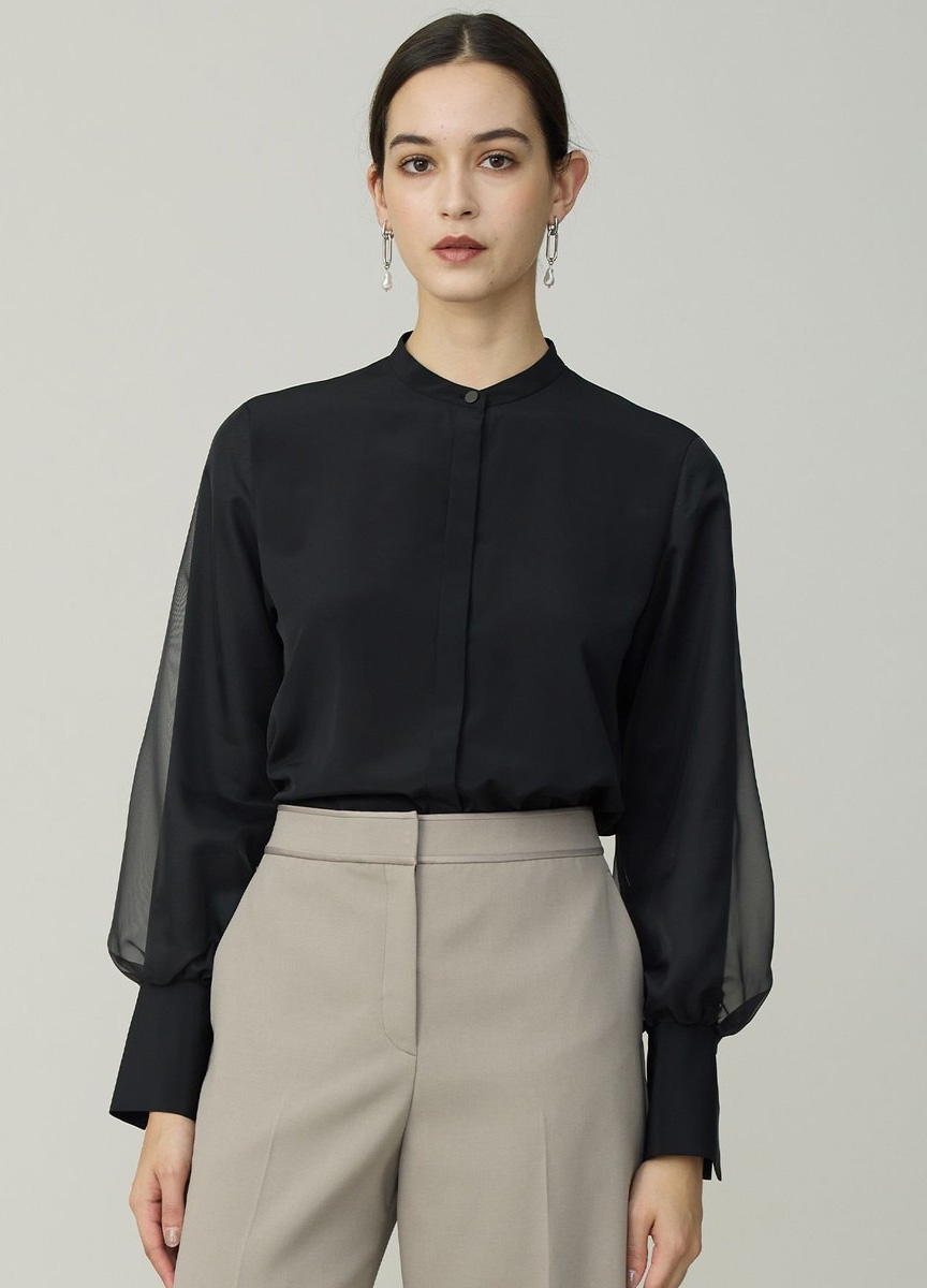 混紡柔質拼歐根紗襯衫